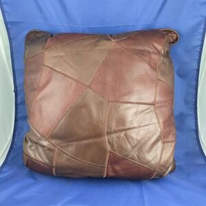 Vintage 1970s Leather‎ Patchwork Throw Pillow 17x17 Brown Tan